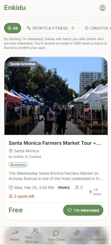 Discover page showing activity categories and filters